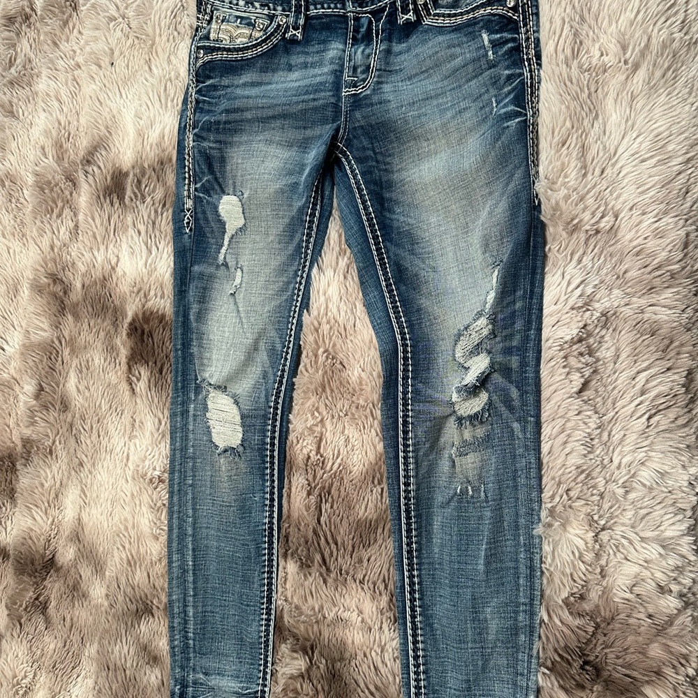 Rock Revival Distressed Dark Blue Skinny Jeans